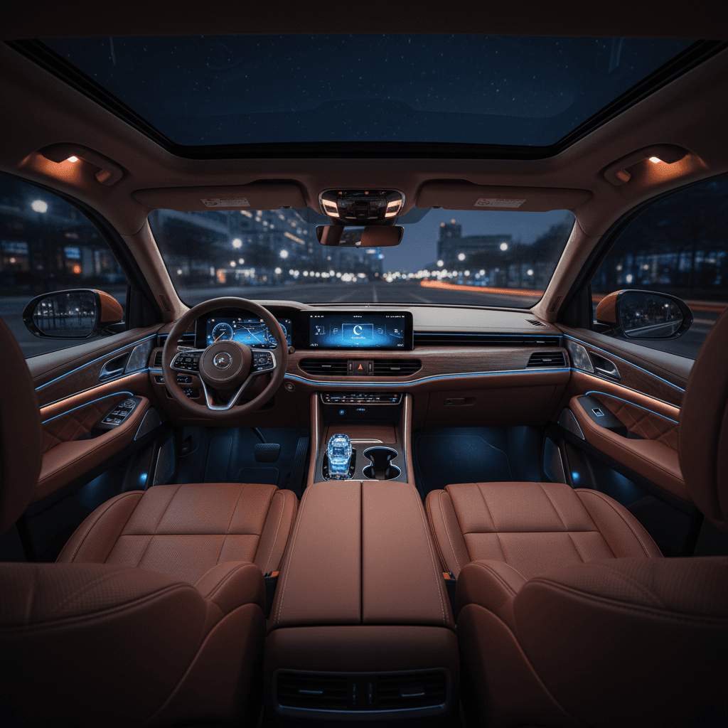 Interior amplio de SUV con asientos de cuero, iluminación ambiental y conductor profesional
