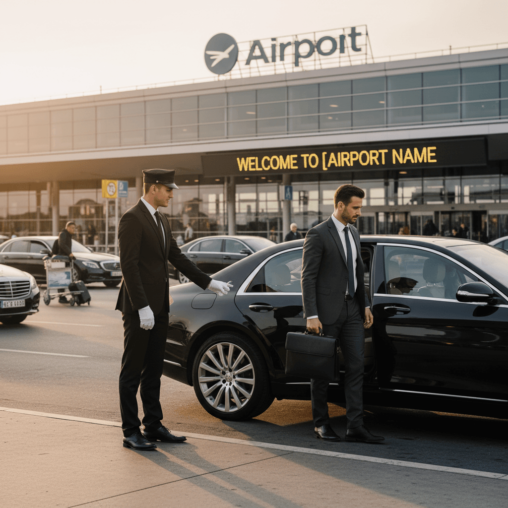 Conductor profesional abriendo la puerta a un pasajero ejecutivo en la zona de llegadas del aeropuerto