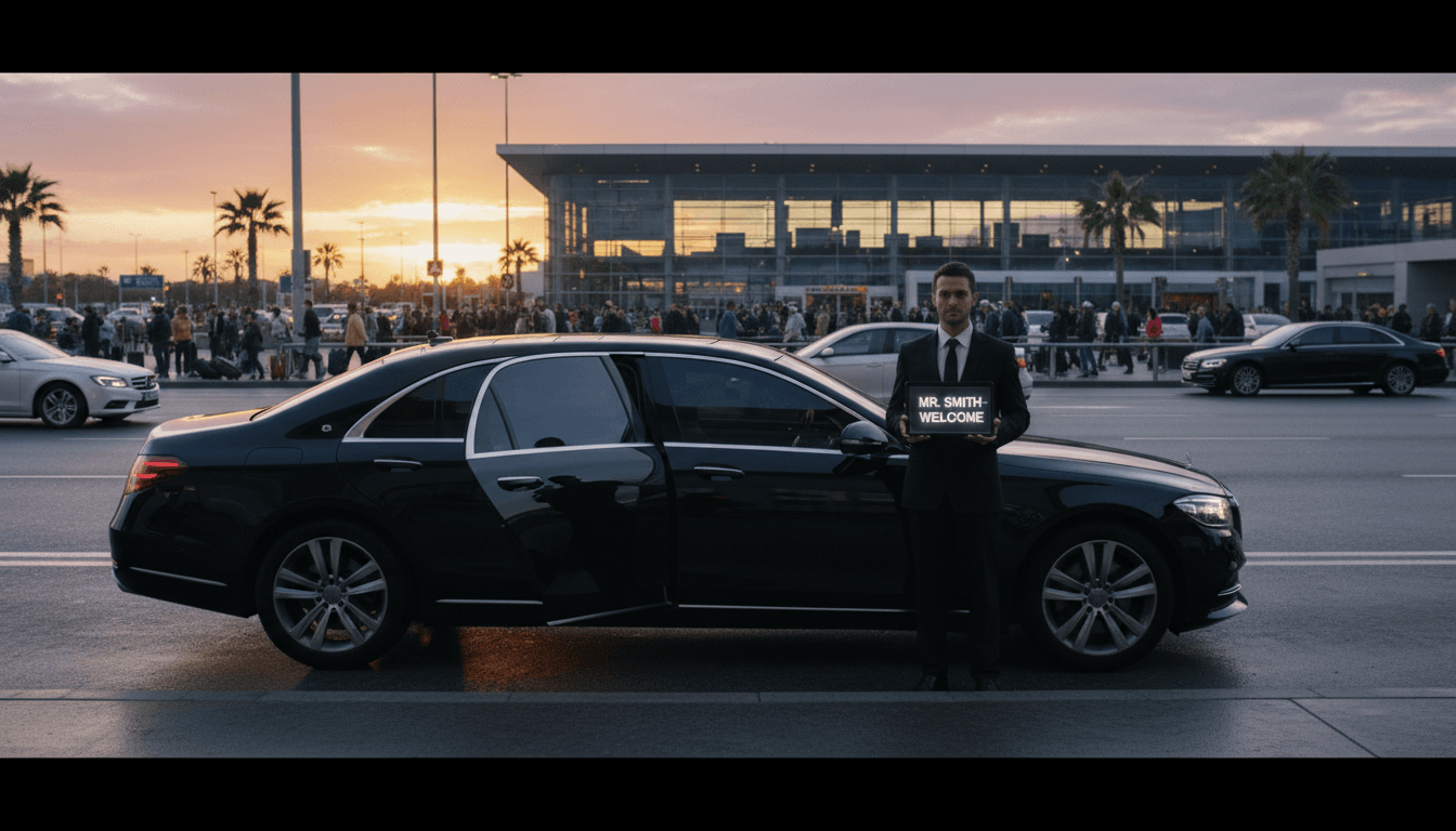 Sedán negro de lujo esperando en la terminal del aeropuerto