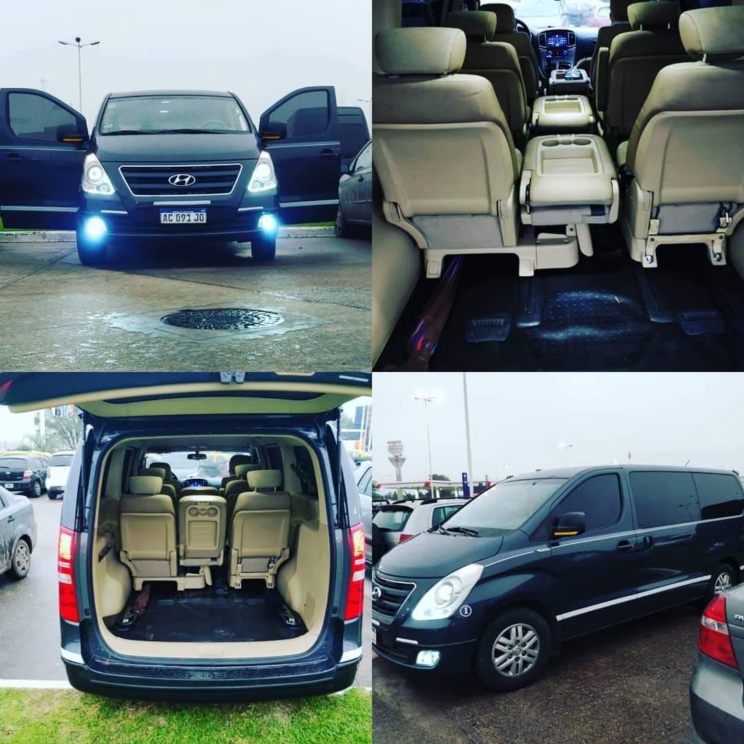 Collage de furgoneta Hyundai negra mostrando su exterior iluminado y espacioso interior beige.